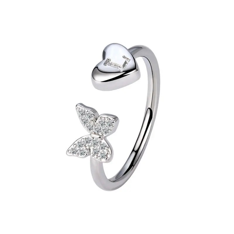 Dainty Adjustable Butterfly Heart Initial Ring