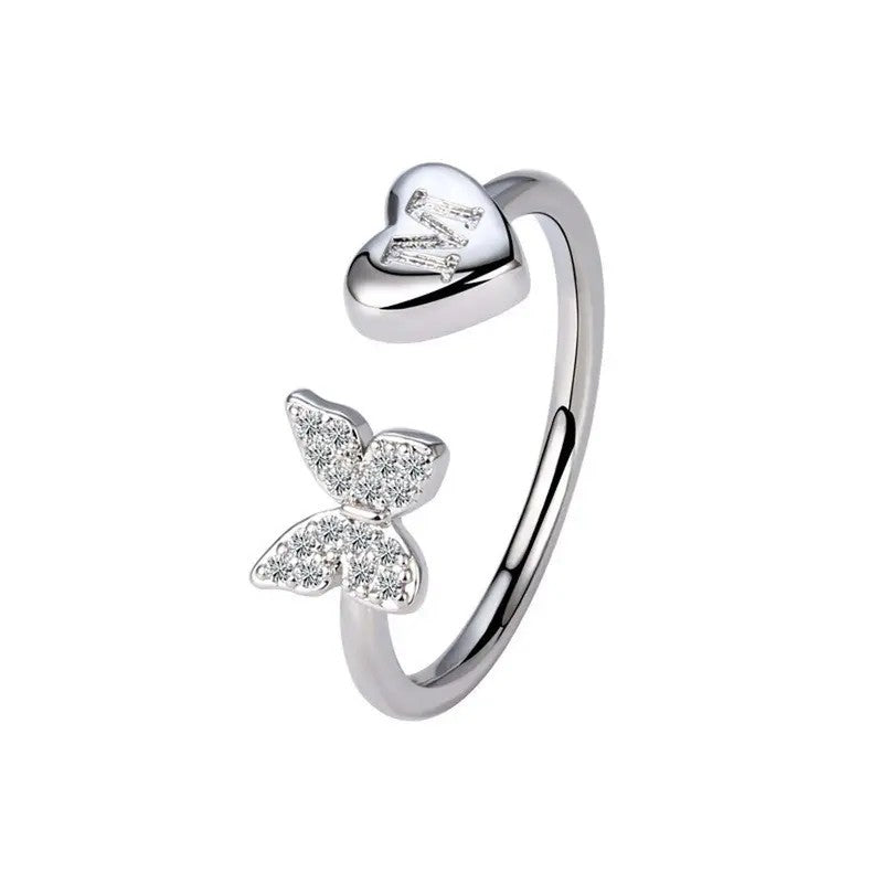 Dainty Adjustable Butterfly Heart Initial Ring