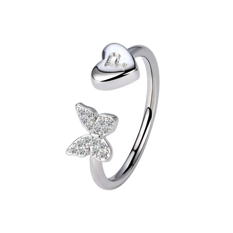 Dainty Adjustable Butterfly Heart Initial Ring