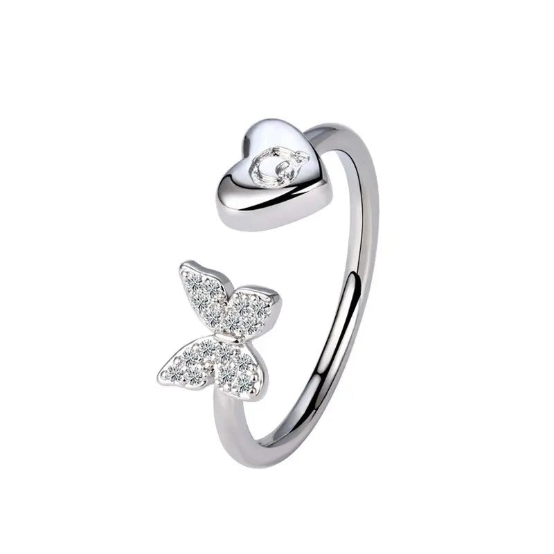 Dainty Adjustable Butterfly Heart Initial Ring