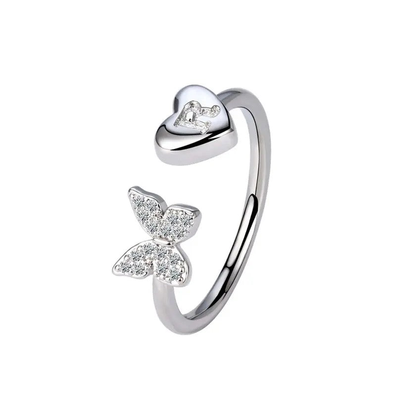 Dainty Adjustable Butterfly Heart Initial Ring