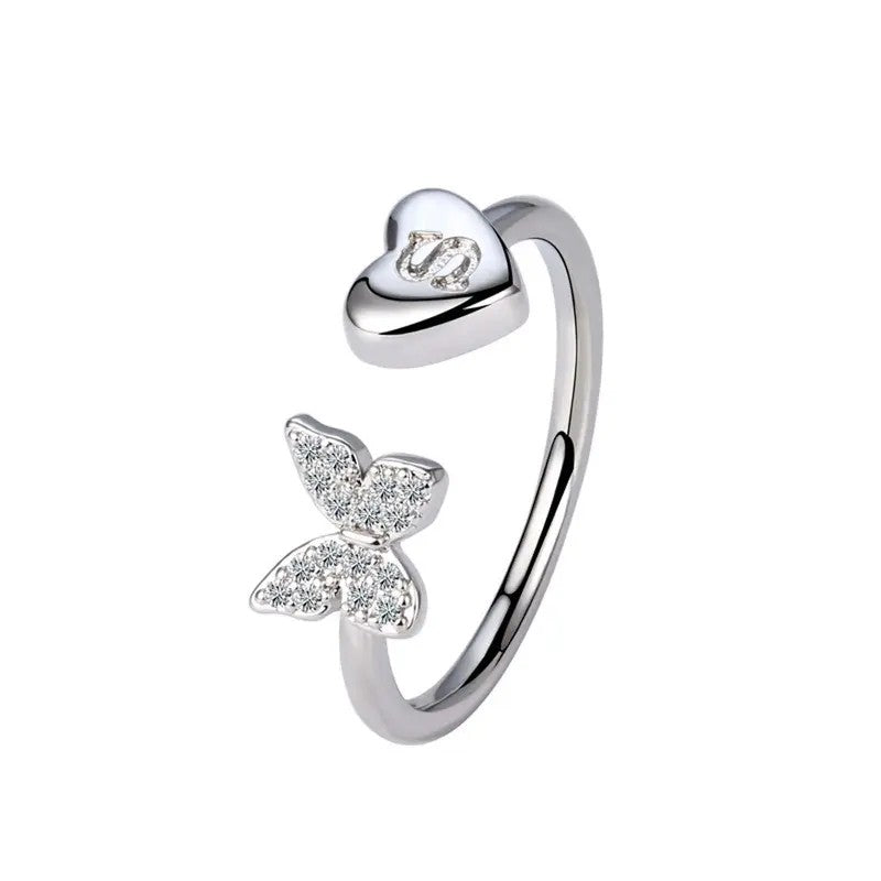 Dainty Adjustable Butterfly Heart Initial Ring