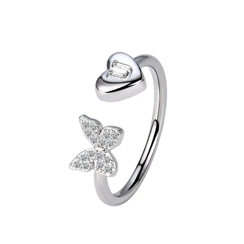 Dainty Adjustable Butterfly Heart Initial Ring