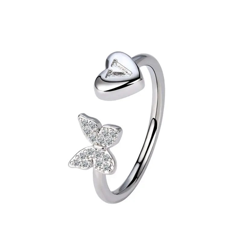 Dainty Adjustable Butterfly Heart Initial Ring