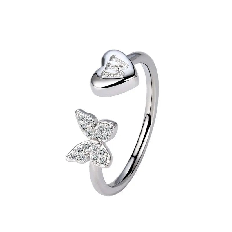 Dainty Adjustable Butterfly Heart Initial Ring
