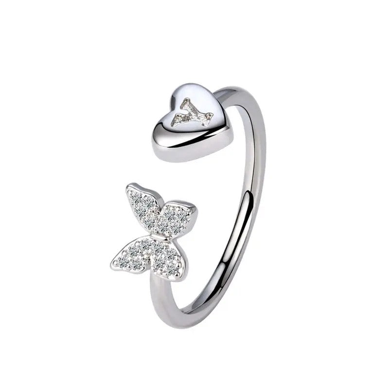 Dainty Adjustable Butterfly Heart Initial Ring