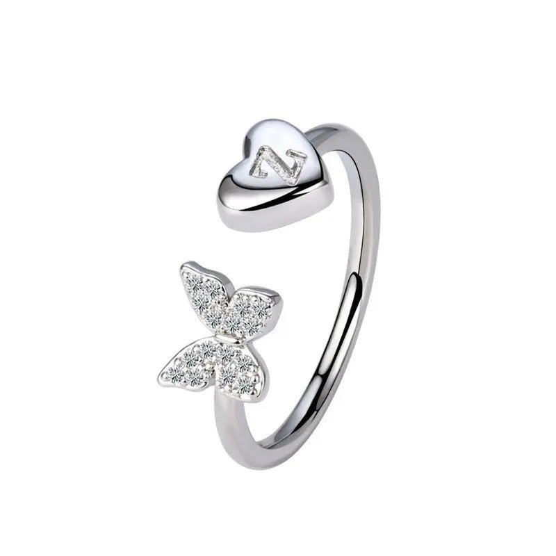 Dainty Adjustable Butterfly Heart Initial Ring