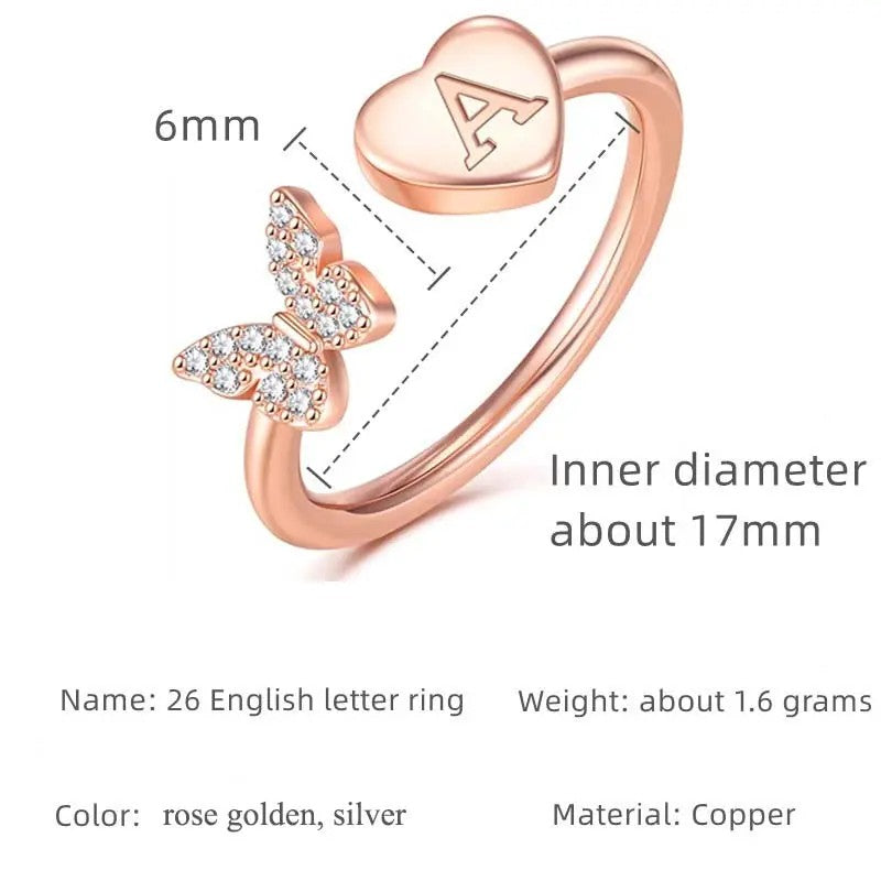 Dainty Adjustable Butterfly Heart Initial Ring