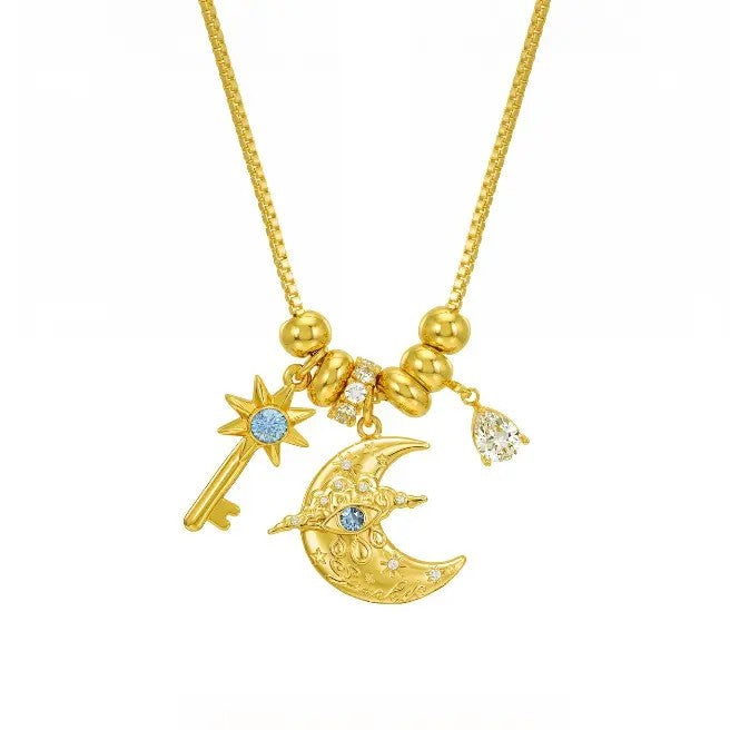 Dainty Crescent Moon & Star Key Necklace