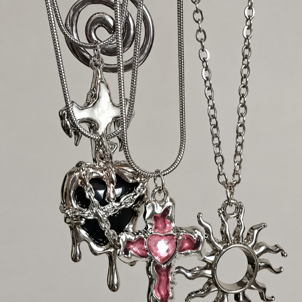 Gothic Melted Cross & Sun Necklace Set
