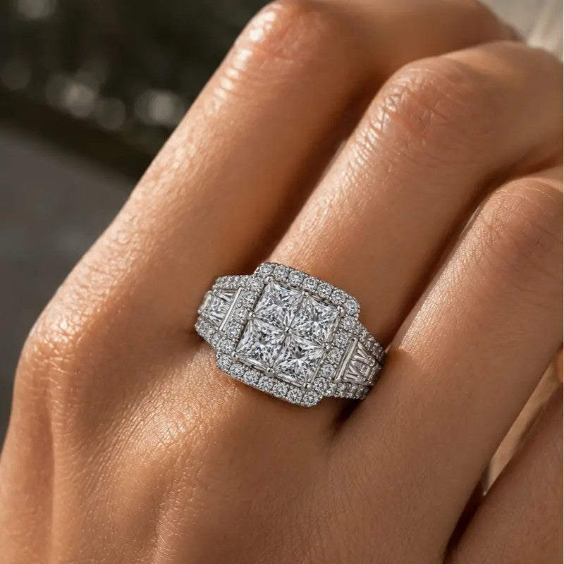 Classy Quad Princess Cut Halo Ring