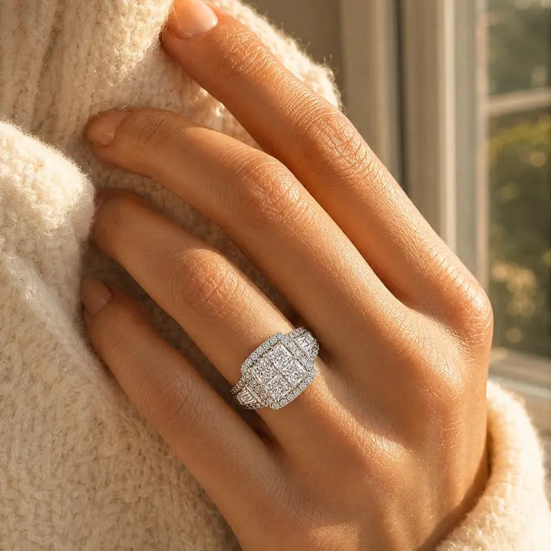Classy Quad Princess Cut Halo Ring