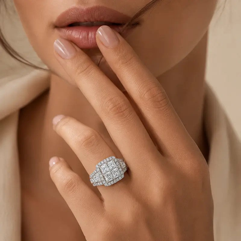 Classy Quad Princess Cut Halo Ring