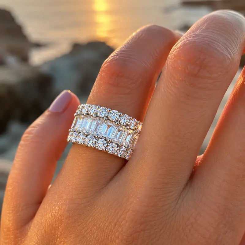 Classy Triple Row Baguette & Round Zircon Wide Band Ring