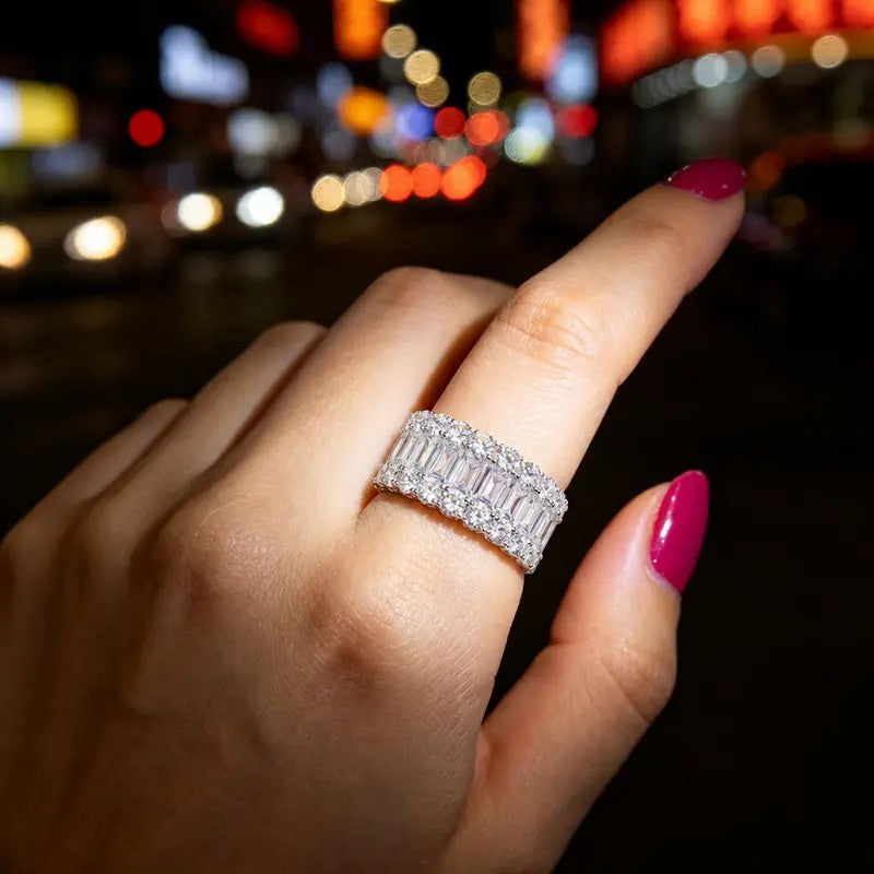 Classy Triple Row Baguette & Round Zircon Wide Band Ring