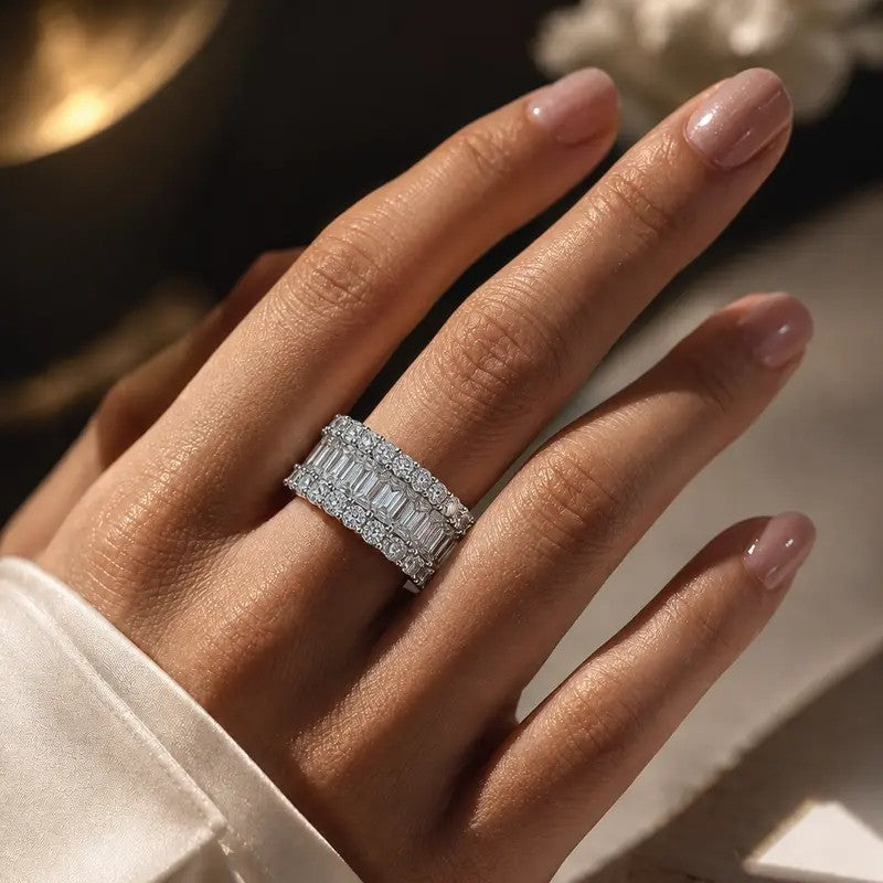 Classy Triple Row Baguette & Round Zircon Wide Band Ring