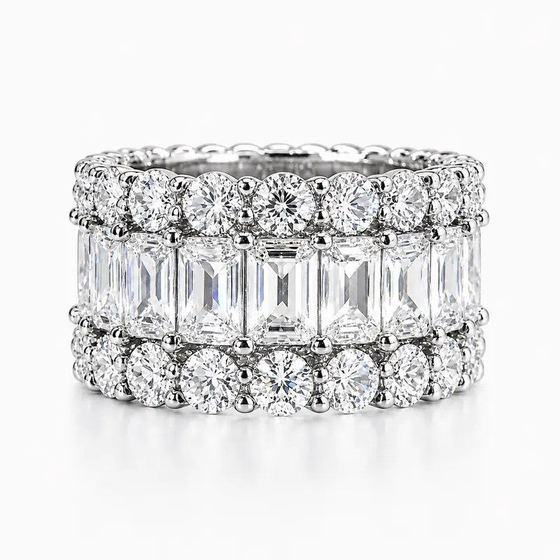 Classy Triple Row Baguette & Round Zircon Wide Band Ring
