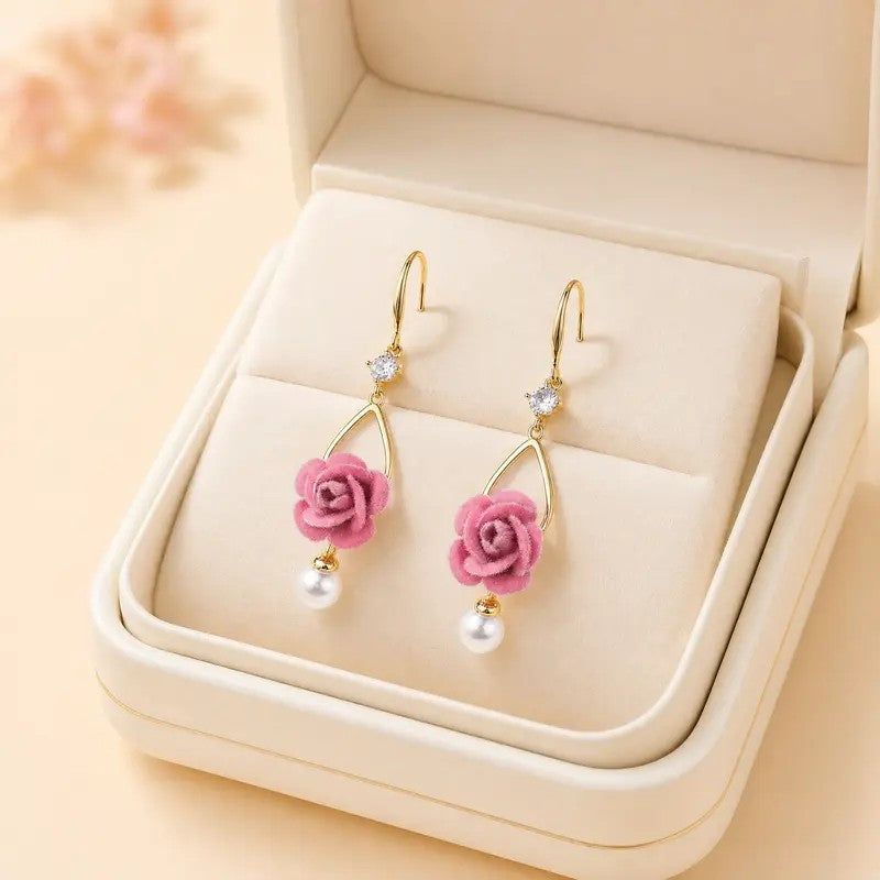 18k Romantic Flocked Rose Pearl Drop Earrings