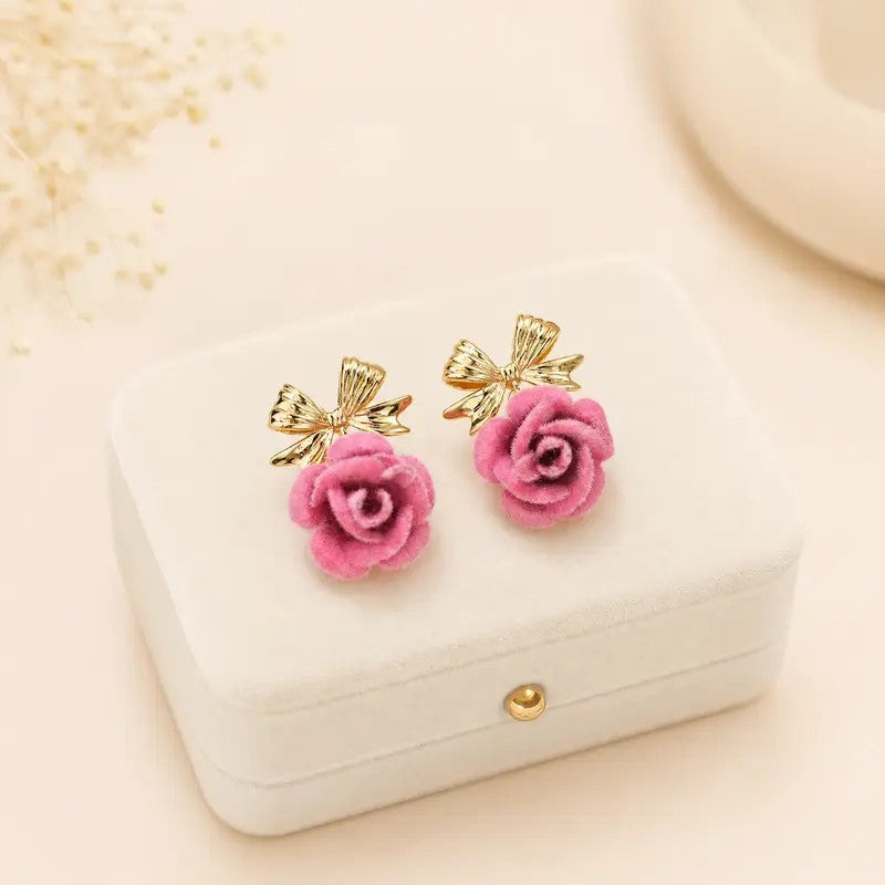 Romantic Flocked Rose Bow Stud Earrings