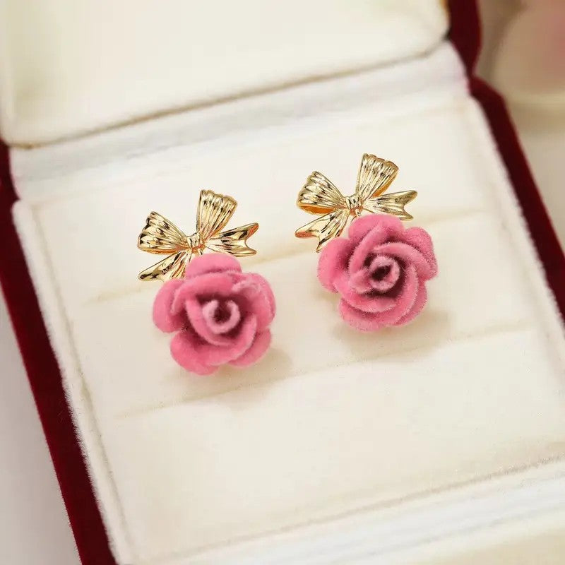 Romantic Flocked Rose Bow Stud Earrings