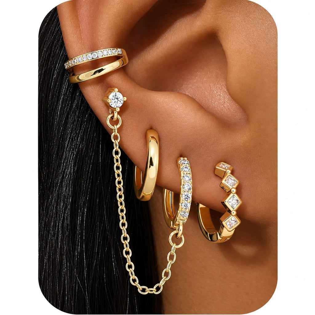 8pc Classy CZ Chain & Huggie Earring Set