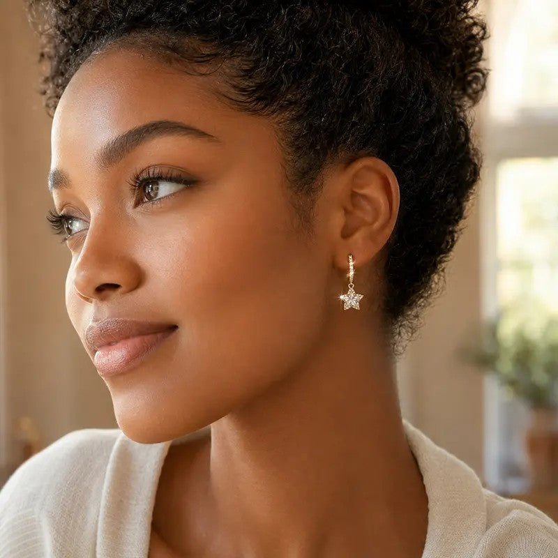 14k Elegant Star Drop Huggie Earrings