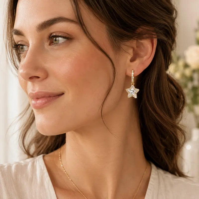 14k Elegant Star Drop Huggie Earrings
