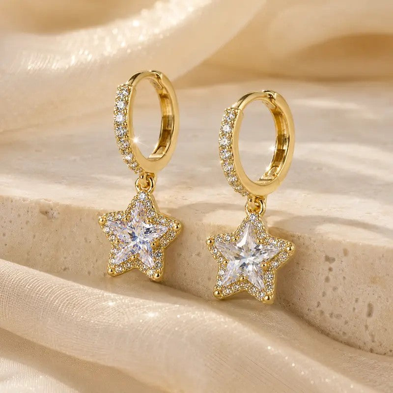 14k Elegant Star Drop Huggie Earrings