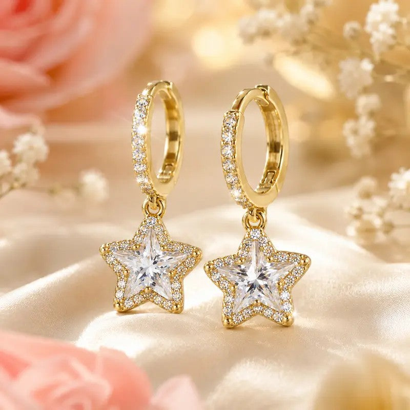 14k Elegant Star Drop Huggie Earrings