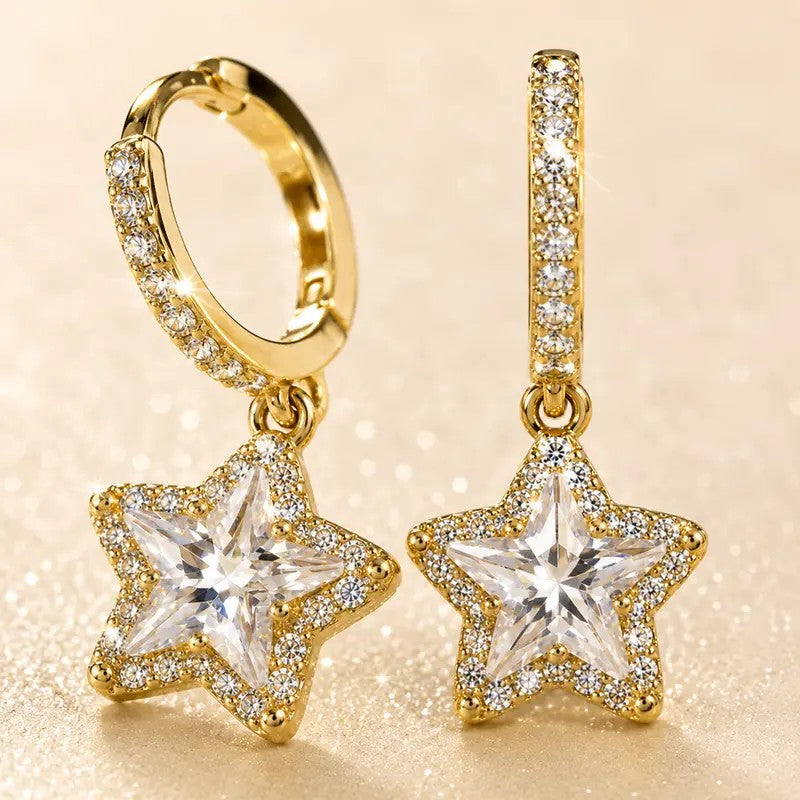14k Elegant Star Drop Huggie Earrings