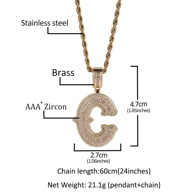 Classy Iced Out Baguette Initial Pendant Necklace