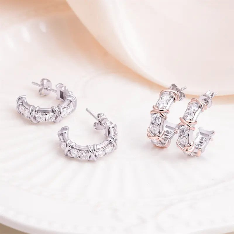 Elegant Criss Cross CZ Hoop Earrings