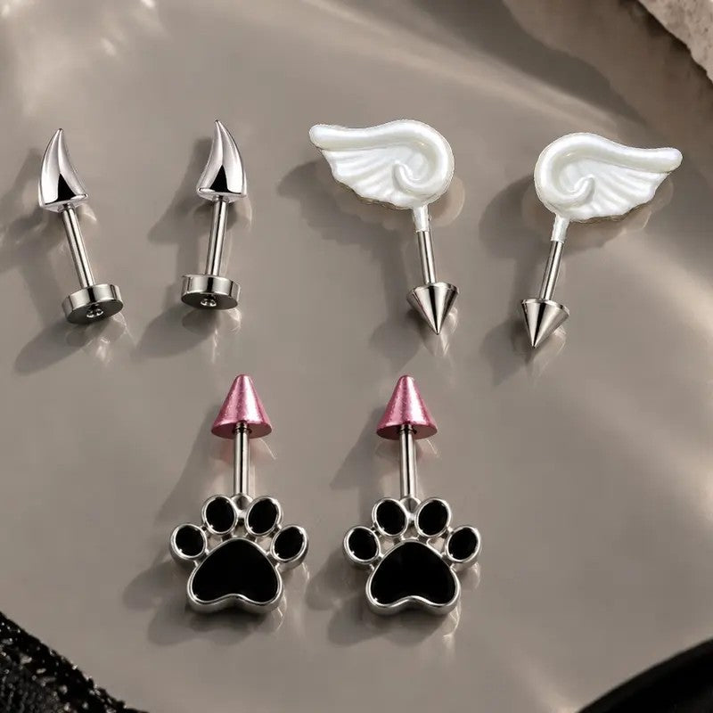 6pc Y2K Angel Wing & Paw Stud Earring Set