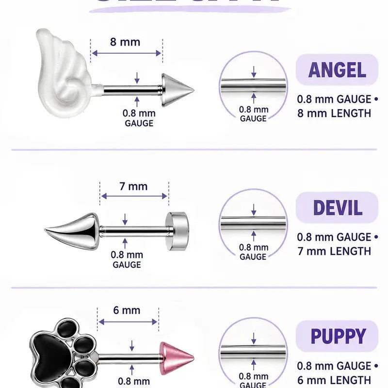 6pc Y2K Angel Wing & Paw Stud Earring Set