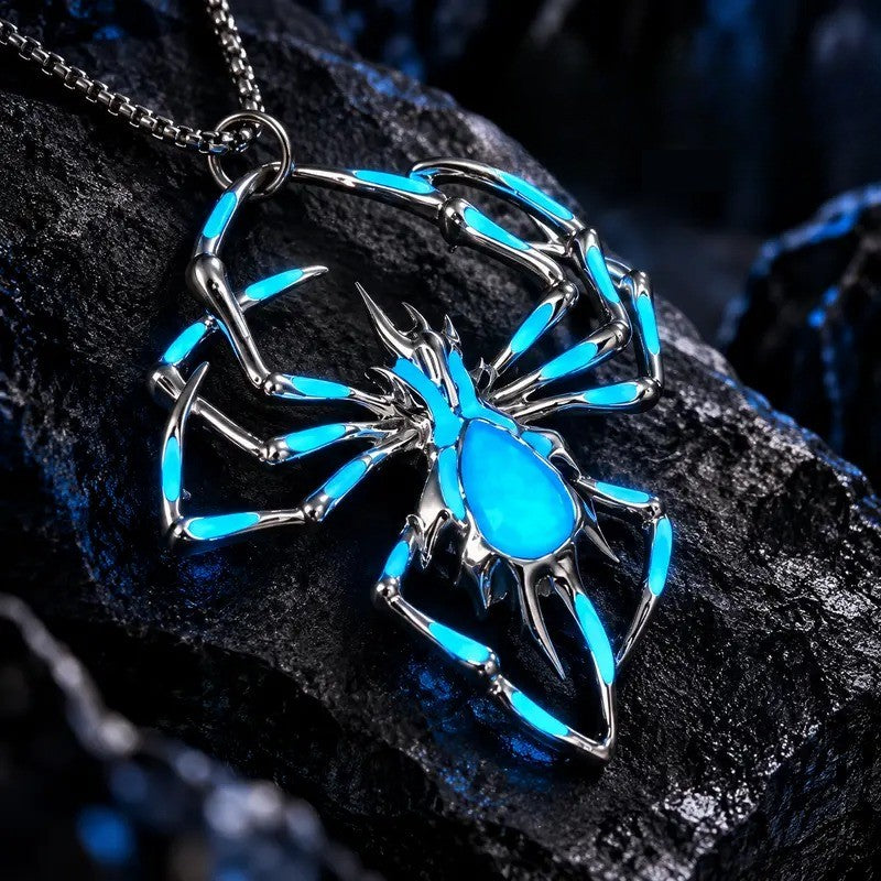 Gothic Blue Glow Spider Necklace