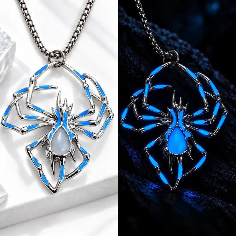 Gothic Blue Glow Spider Necklace