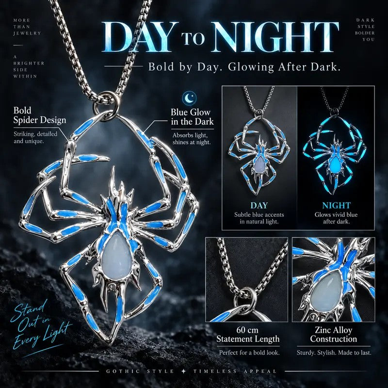 Gothic Blue Glow Spider Necklace