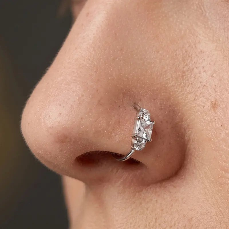 Dainty Princess Cut CZ Hinged Nose Ring