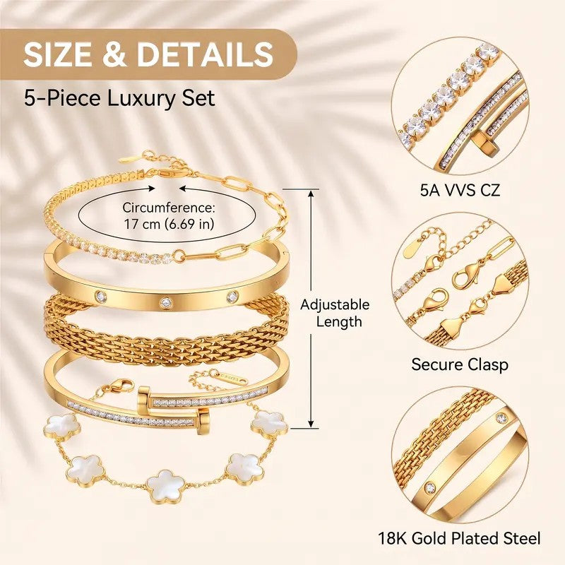 5pc Classy CZ & Clover Bracelet Set