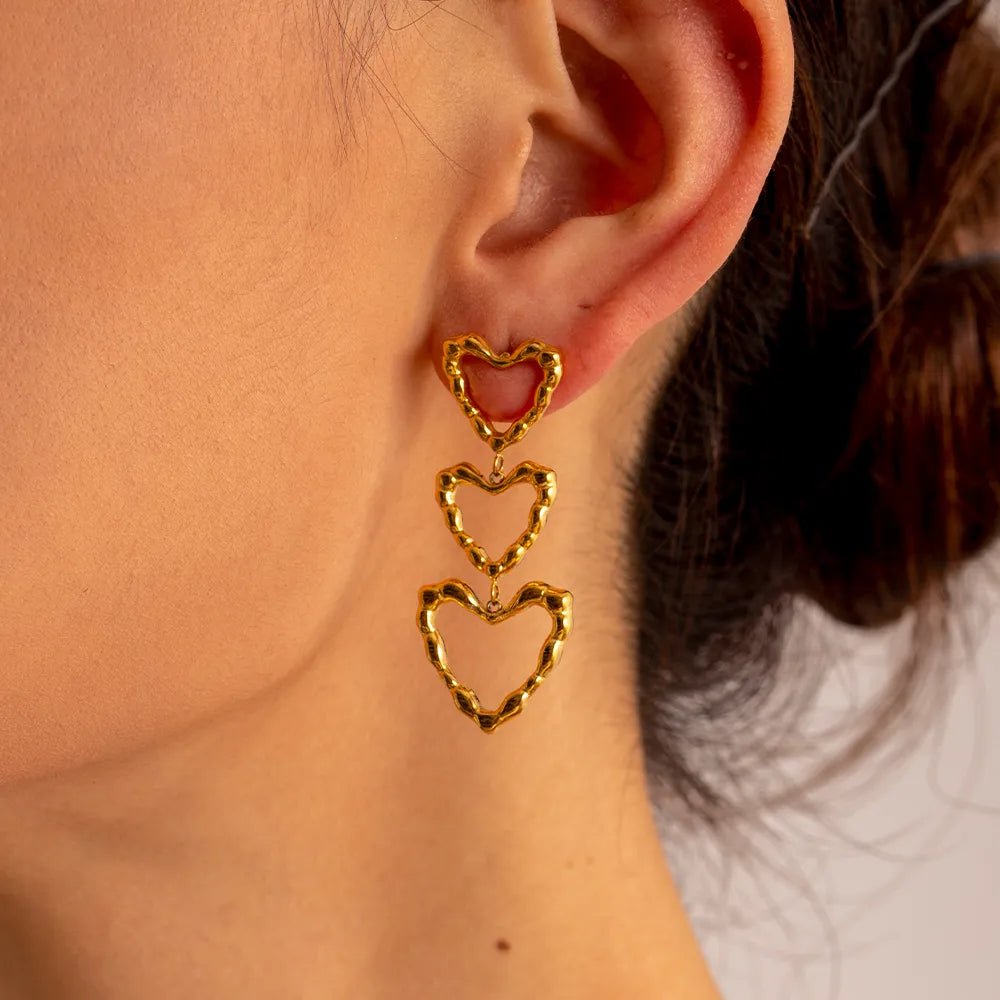 Triple Outlined Hearts Drop Earrings - Veinci