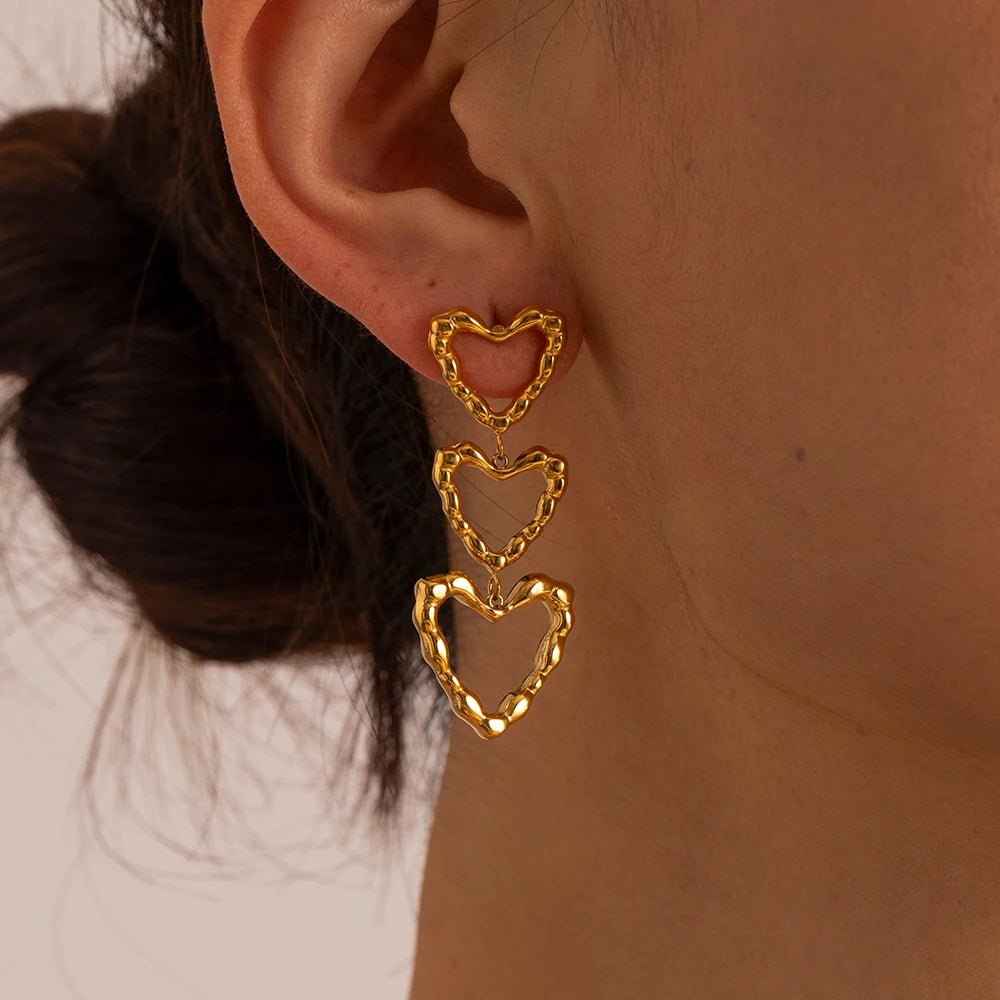 Triple Outlined Hearts Drop Earrings - Veinci