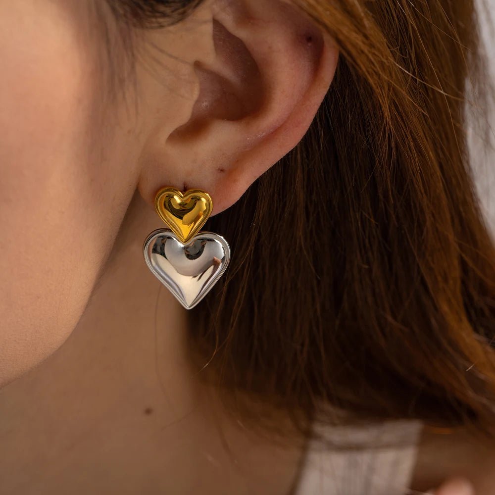 Two Tone Accented Heart Earrings - Veinci