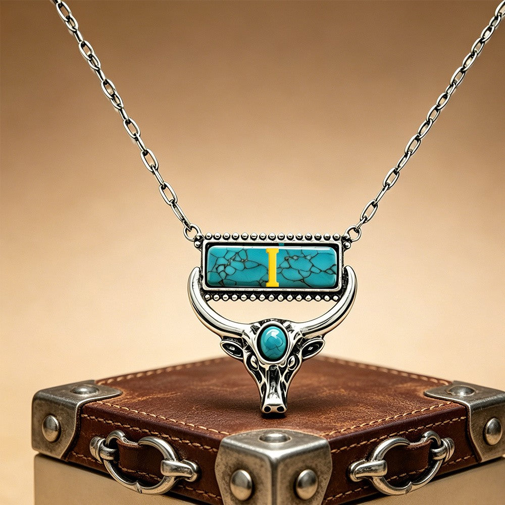 Boho Turquoise Bull Head Initial Necklace