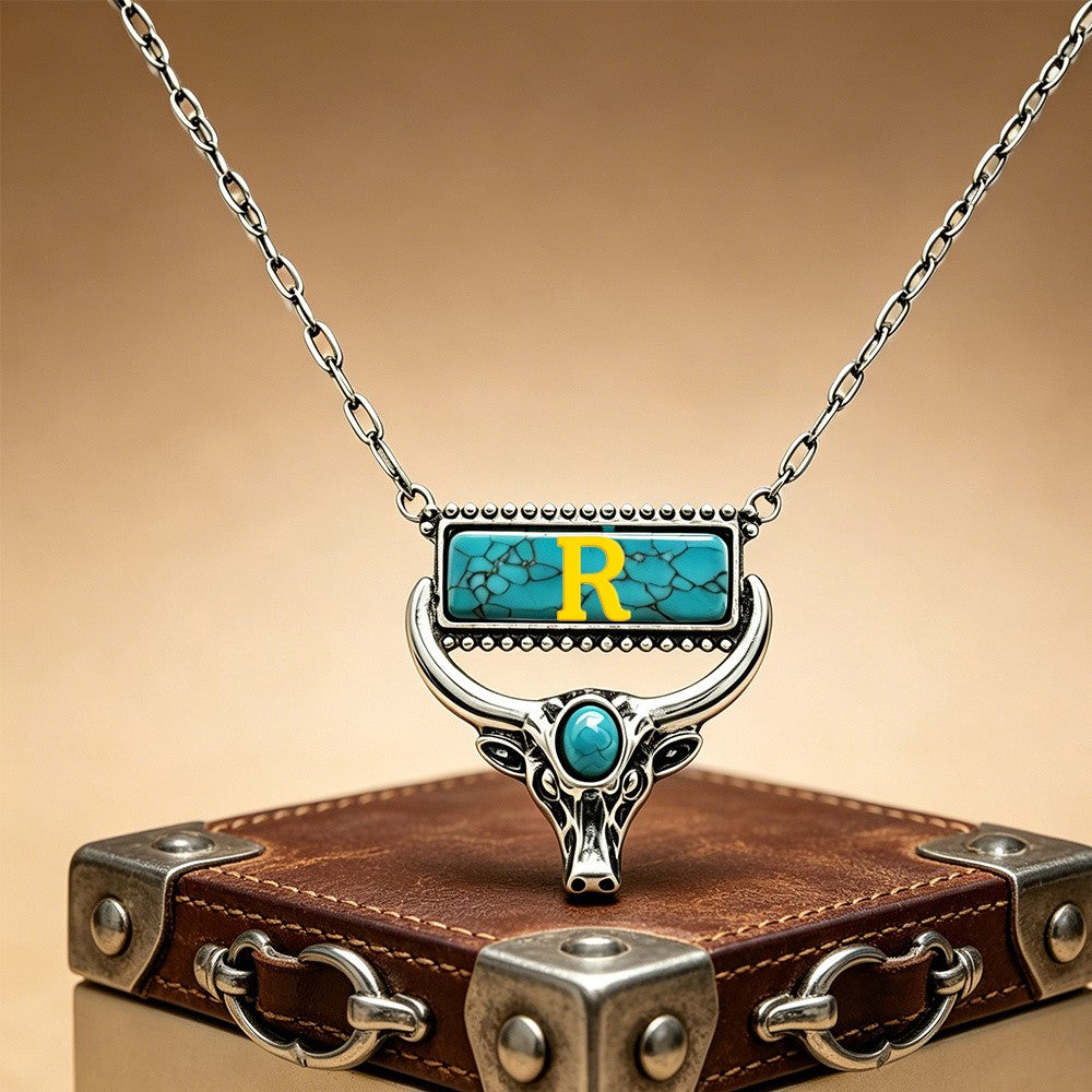 Boho Turquoise Bull Head Initial Necklace