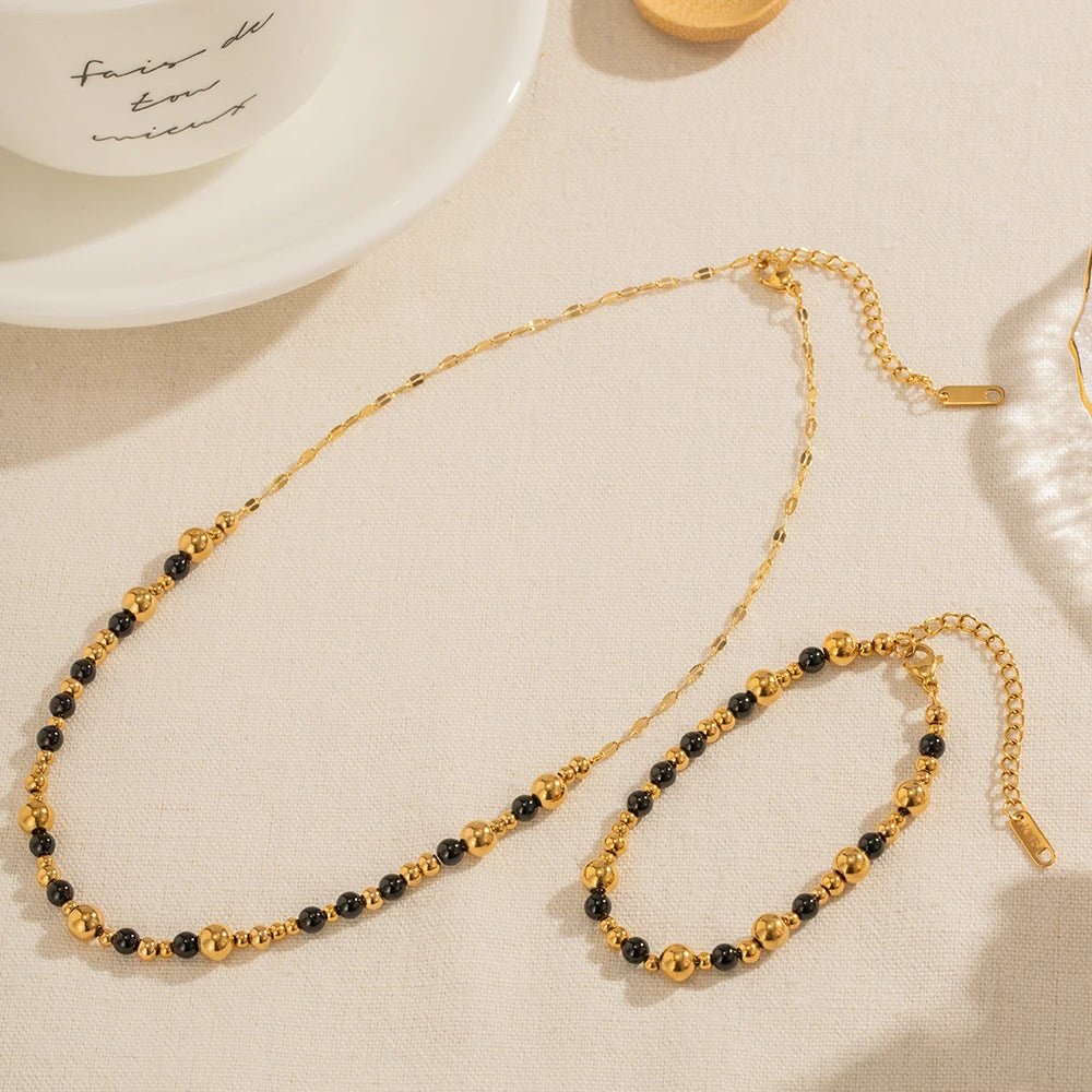 Vintage Inspired Contrast Gold Bead Bracelet and Necklace Set - Veinci