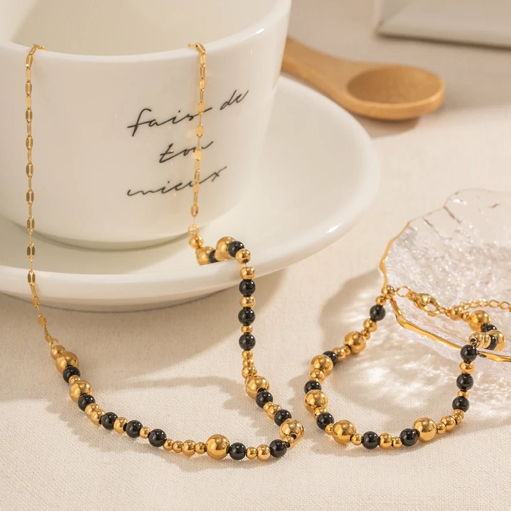 Vintage Inspired Contrast Gold Bead Bracelet and Necklace Set - Veinci